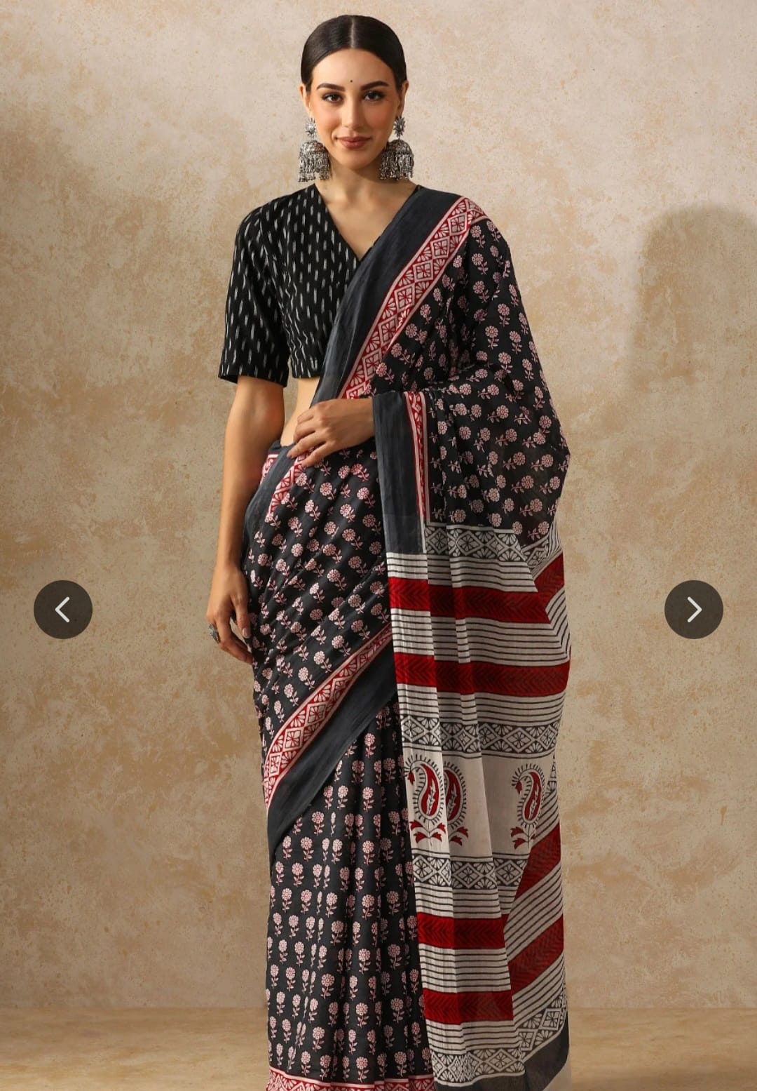 Cotton Mulmul Saree in black and maroon butti print – Pure cotton handblock printed saree wholesale by Fabtexs